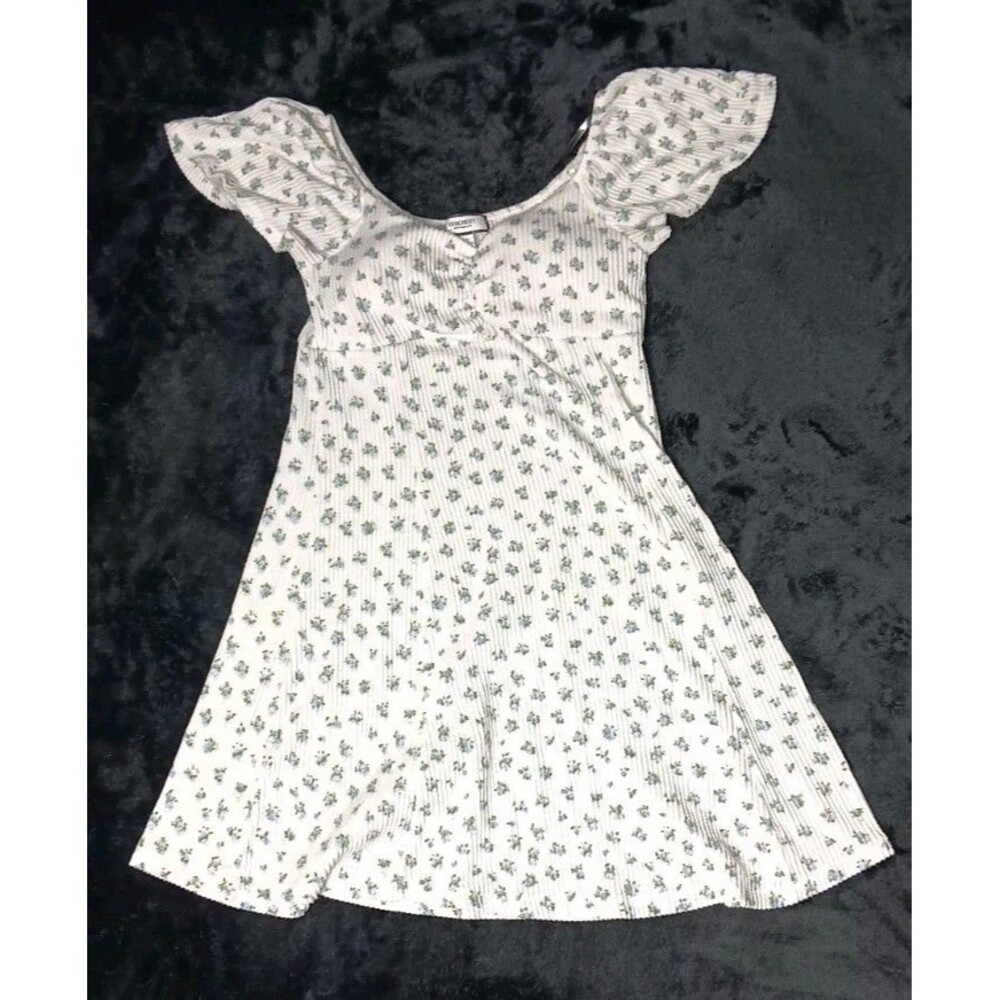 Discreet Babydoll Milkmaid Ribbed Flutter Sleeve Mini Dress M Ditsy Floral Boho